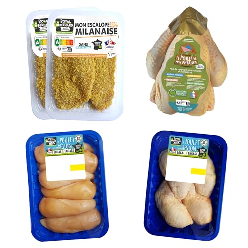 Royal Bernard - Assortiment Familial - Colis de Viande de Volaille - 4 Escalopes de dinde à la milanaise + 1 poulet entier prêt à cuire et des découpes de...