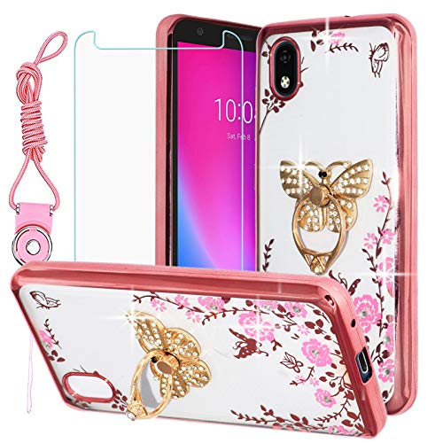 BestAlice for ZTE Avid 579   ZTE Blade A3 2020 Bling Case with Tempered Glass Screen Protector & Lanyard Neck Strap, Slim Fit Soft Gel Clear TPU Glitter Cover for Girls, Butterfly Ring Kickstand