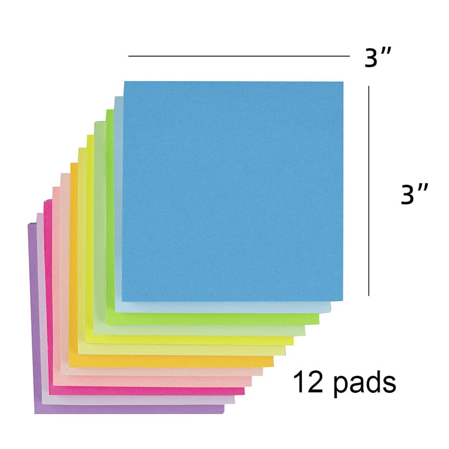 Image of (12 Pads) Sticky Notes 3x3 Inches,Bright Colors Self-Stick Pads