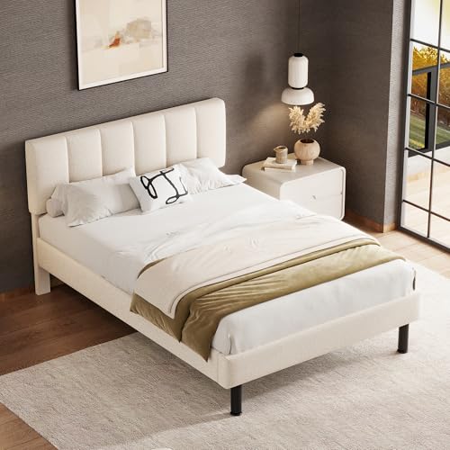 DUlVBPE Cama tapizada, patas de hierro, somier, diseño sencillo, 140 x 190, colchón no incluido, tela sherpa, beige