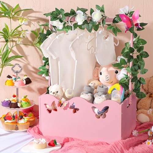 Image of Suzile Baby Shower Basket Wooden Crate Closet Storage with Handle Baby Registry Hamper Pregnancy Gift for New Parent(Butterfly,Pink)