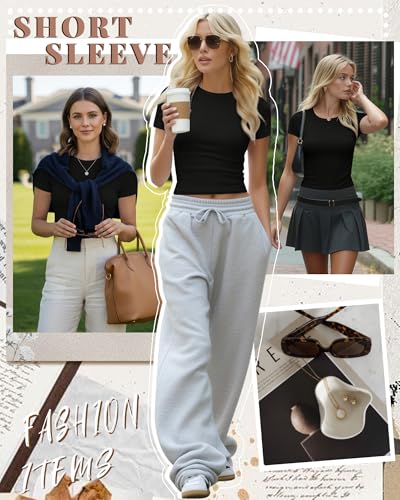 Image of Evervibe Women Built-in Bra Short Sleeve Shirts Crewneck T-Shirt Slim Fit Going Out Tops Summer Casual Basic Tees(Black,XX-Large)