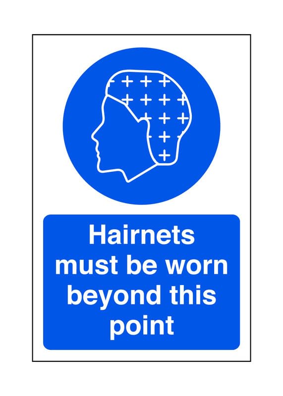 Hairnets must be worn beyond this point - PPE safety sign, workplace signs - 1.2mm Rigid plastic for indoor/outdoor usage (300mm x 200mm) Viewing Distance within 7m.