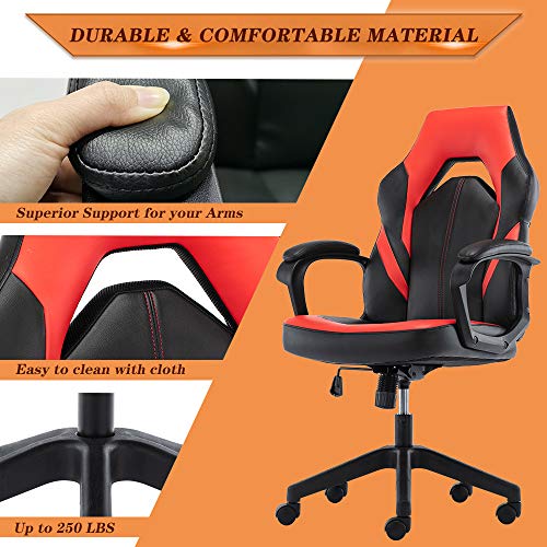 Office Chair, Bonded Leather Computer Gaming Chair High Back Ergonomic Desk Executive Chair Swivel Task Chair Comfortable Padded Armrest And Adjustable Height For Teens Adults (Red) #TOP3