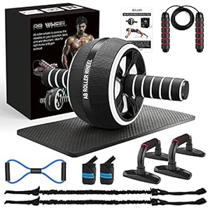 AILUKI Buikroller, buiktrainer, AB-roller, buikspiertrainer AB-wheel set, met fitnessband, springtouw, push-upgrepen, afbeelding 8 fitnessbanden, buikspiertraining, voor mannen en vrouwen