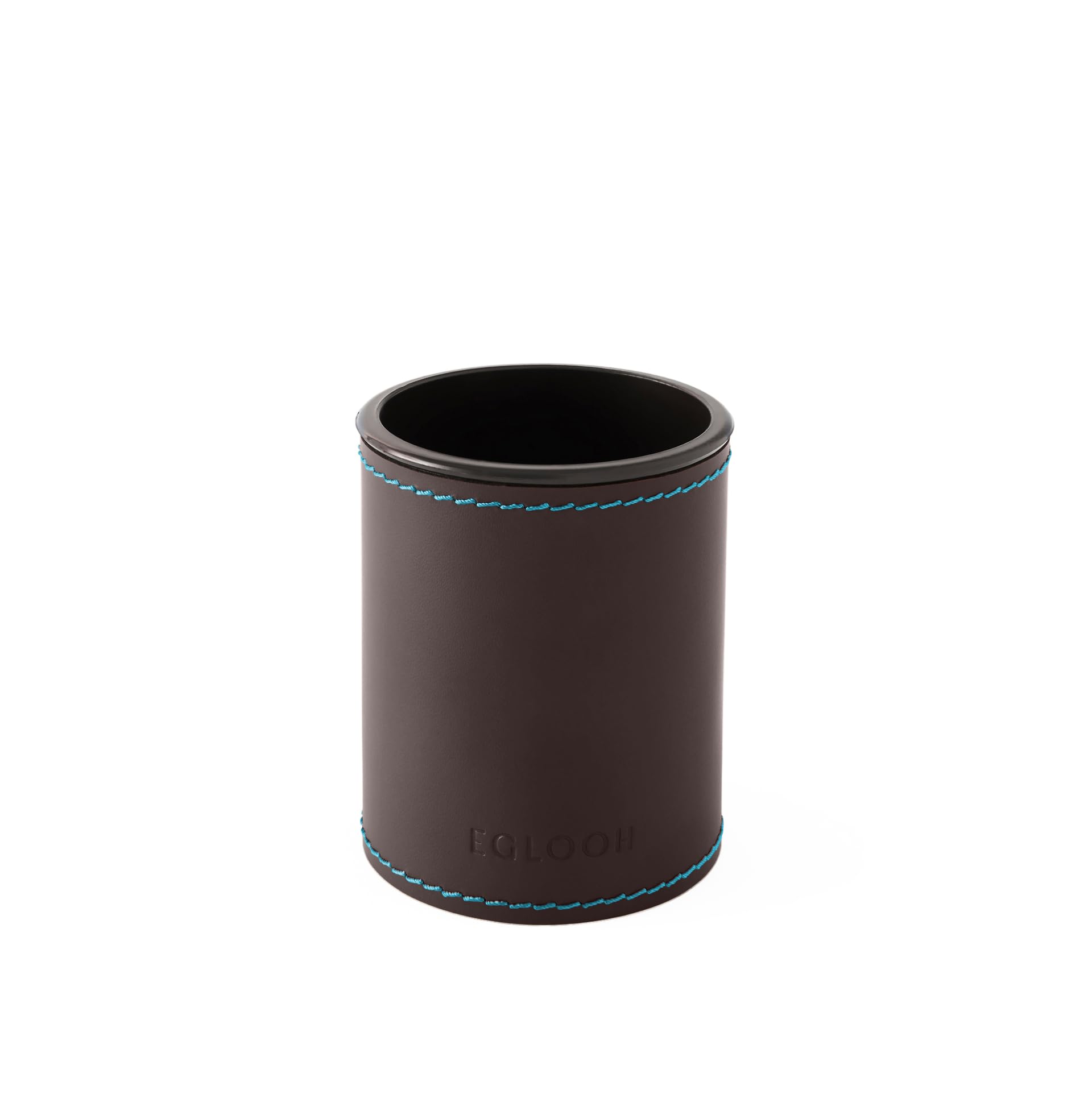 Eglooh - Orfeo Deluxe - Schreibtisch rund Stiftehalter Design aus Leder Dunkel Braun cm 7,8 x 7,8 H.9,5 - Blaue Nähte im Kontrast dazu und starke Struktur - Made in Italy