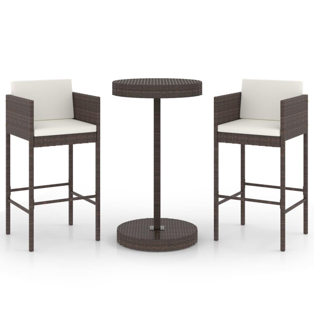 vidaXL Set de Bar de Jardín 3 Piezas y Cojines Mesa Silla Asiento Patio Terraza Balcón Barra Bistró Muebles Mobiliario Ratán Sintético Marrón