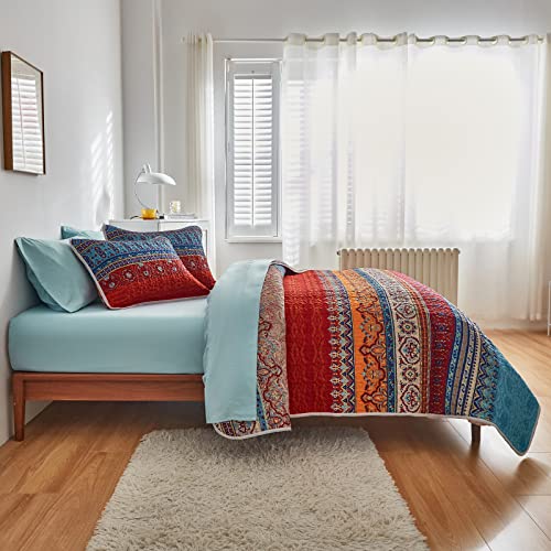 Flysheep 3-Piece Boho Colorful Full Queen Quilt Set For Summer, Bohemian Floral Blue N Red Striped Lightweight Bedspread/Coverlet, Brushed Microfiber For All Season - 92X90 Inches #TOP5
