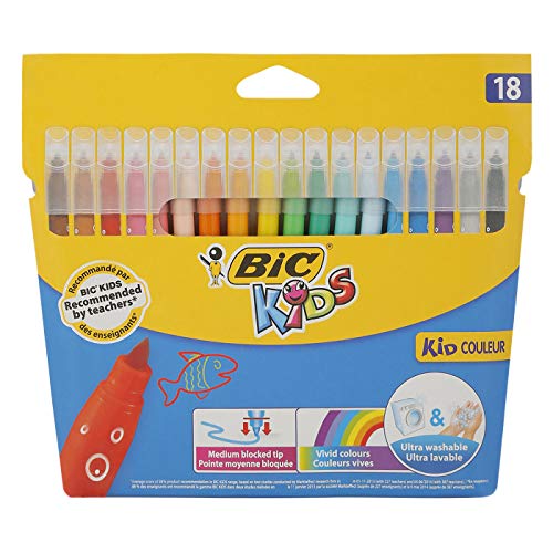 BIC Kids Kid Couleur Feutres de Coloriage à Pointe Moyenne - Couleurs Assorties, Etui Carton de 18