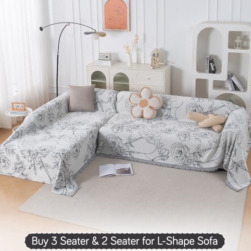 Image of HOKIPO Premium Chenille Printed Sofa Cover Throw Blanket 320 GSM for 3 Seater - All Season Use, 'Serene Abode Series' White Rose Garden (180x310 cm) (AR-6633-D1)