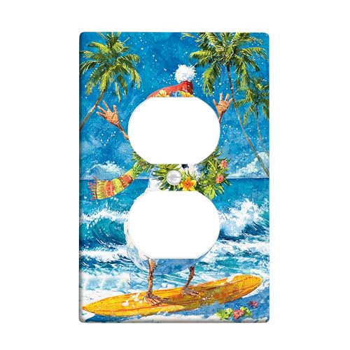 Snow Man - Placa de pared dúplex para pared, palmeras tropicales de verano, tabla de surf, plástico azul de verano, tamaño estándar, doble toma de corriente, para sala de estar, dormitorio, decoración