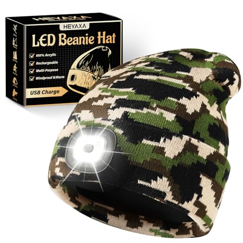 HEYAXA Unisex LED Beanie with Light, Rechargeable Headlamp Hat, Warm Knitted Cap, Fathers Day Dad Gifts for Husband, Dad, Birthday Gifts for Men, Dad, Father, Women, Him, Her, Camouflage