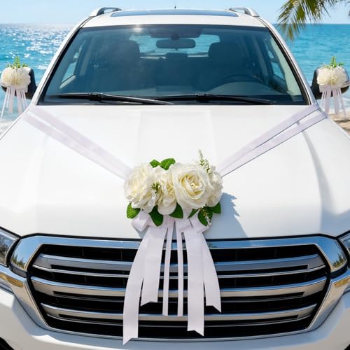 Alaoo Déco de Voiture de Mariage, Kit de Décoration de Voiture de Mariageavec 3 Roses 4 Nœud 1 Tulle & 1 Ruban Adhésif, Deco Mariage Voiture pour Mariage Réception Cérémonie Fête