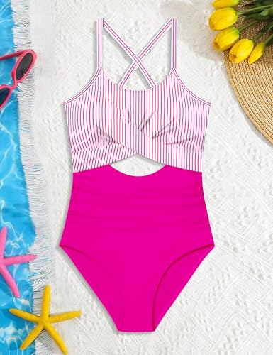 Image of Girl Swimsuit One Piece Cutout Ruched Bathing Suit for Girls Color Block Adjustable Straps Pad Swimwear 9-18y