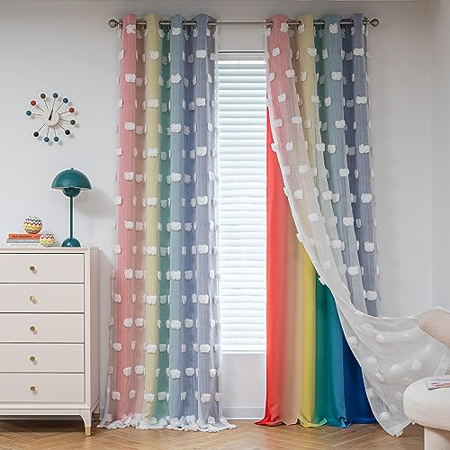 Image of MYSKY HOME 95 Inch Long Rainbow Curtains for Girls Bedroom & Living Room - Double Layer Ombre, White Pom Pom, Blackout Sheer, Room Darkening Grommet Window Panels (2 Pieces, 52 x 95 in)