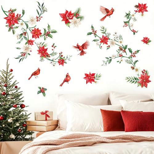 decalmile Wandsticker Weihnachtsblumen Wandtattoo Kardinal Vogel – Ansicht 3