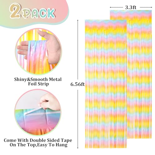 Image of Voircoloria 2 Pack Pastel Rainbow Foil Fringe Backdrop Curtains, Tinsel Streamers Birthday Party Decorations, Fringe Backdrop for Baby Shower, Gender Reveal, Birthday Party
