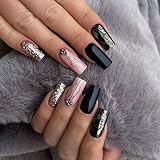 24 PCS Black Press on Nails Medium Square Fake Nails Marbling Glue on Nails French Tip False Nails w