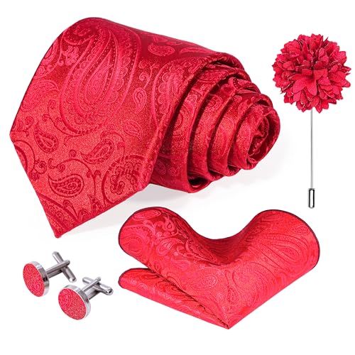 Image of 5PCS Tie and Pocket Square for Men, Silk Necktie and Handkerchief Cufflinks with Gold Ring and Lapel Pin Set