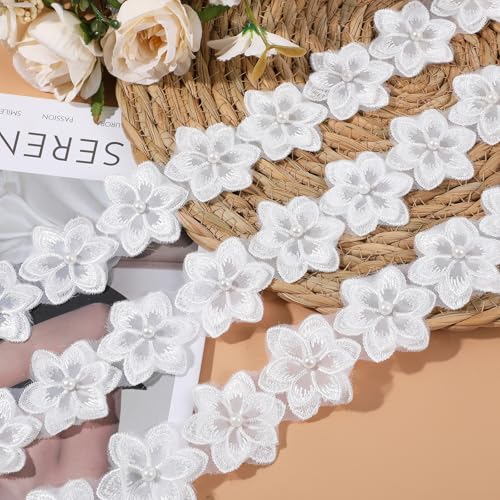 Shimmeroo 2Yards 3D Organza Flowers Lace Appliques Embellishments,Flower White Lace Trim for Sewing Trim & Embellishments Crafts Flower Applique Handmade DIY Dress Decor Wedding Dresses - Thumbnail 4