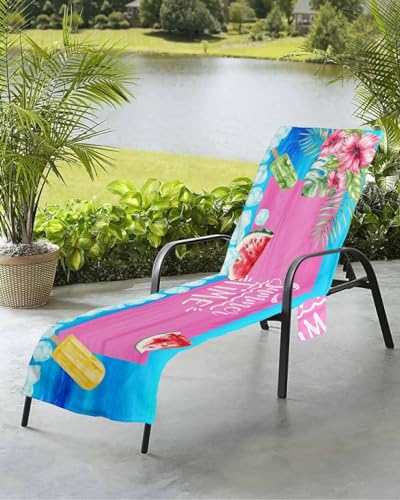Summer Tropical Beach Chair Towel Covers for Chaise Lounge with Side Pocket, Soft Plush Pool Towels Cover for Patio Sunbathing Outdoor 29''x85'' Summer Watermelon Ice Cream Flower