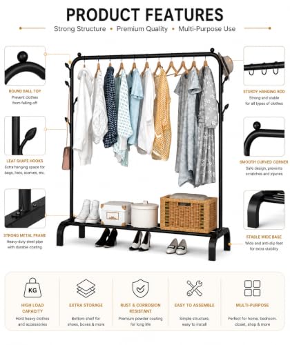 Image of Metal Multifunctional Heavy-Duty Quality Garment Stand Cloth Rack Freestanding Storage Organizer with Bottom Shelves Adjustable Folding Single Pole for Living Room