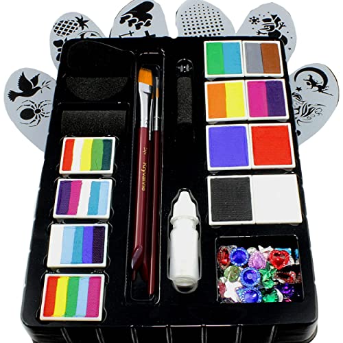 Face Painting kit Kryvaline Professionals with Stencils, Brushes and Fine Glitters in Spill Proof Bottle Plus Skin Jewels