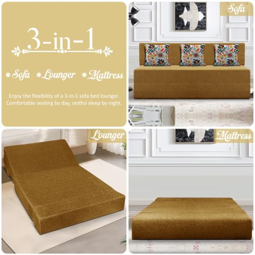 Image of Los Angeles Foldable Three Seater Sofa Cum Bed, Sofa Bed 5 X 6 Feet Jute Fabric Washable Cover- Including Cushion Perfect for Living Room - Golden