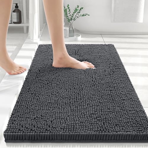 smiry Chenille Bath Mat, 50 x 75 cm, Non-Slip Super Absorbent Bathroom Mat Extra Soft Fluffy Bath Mats for Bathroom Thick Machine Washable Bathroom Floor Mats Rugs, Dark Grey