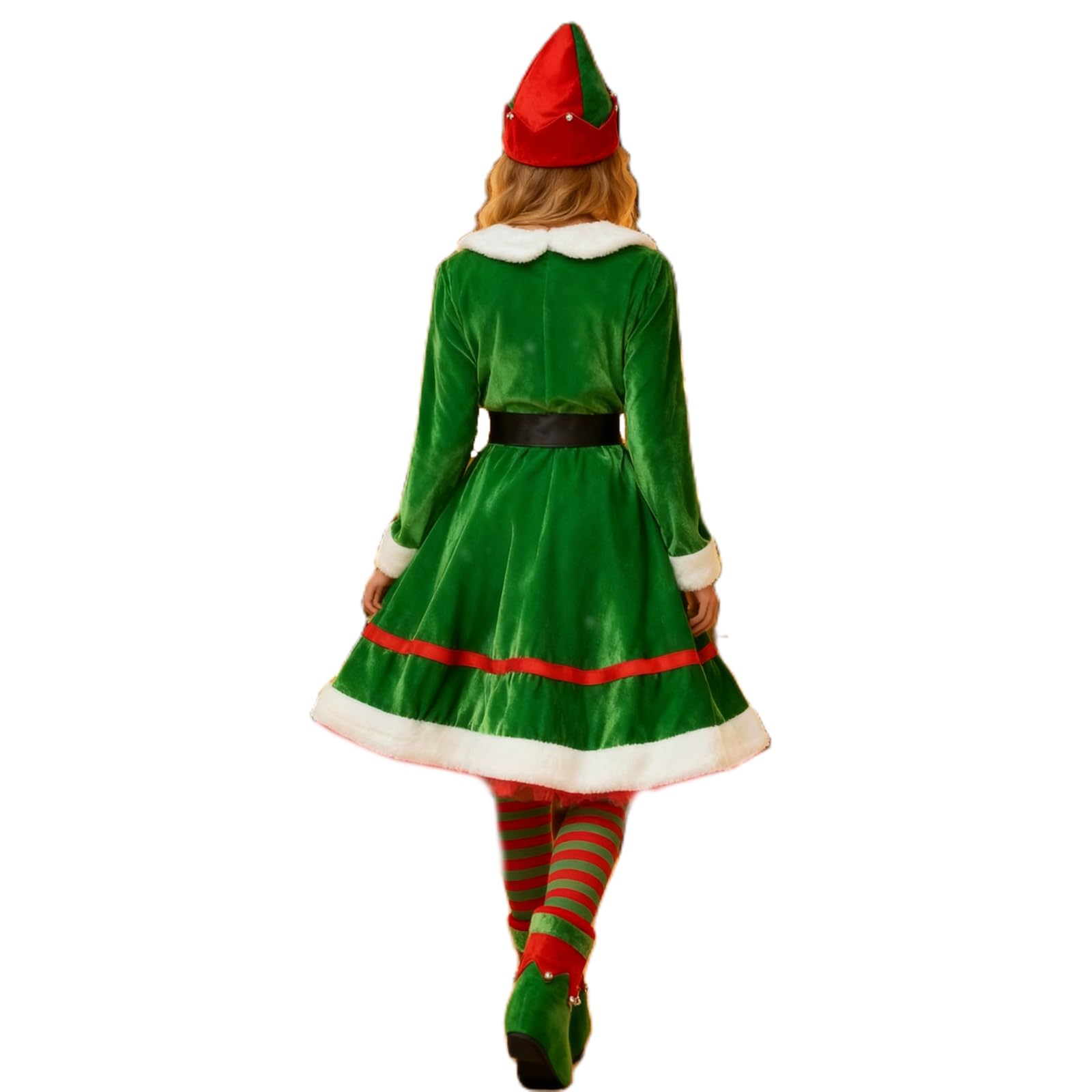 GXNRHG Disfraces de Elfo navideño para Mujer, Novedad, Vestido de Elfo de Manga Larga con Medias, cinturón, Sombrero, Botas, Trajes para Fiesta de Disfraces de Navidad
