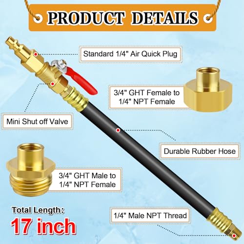 Image of RV Winterizing Blowout Adapter, 3 /4'' GHT Sprinkler System Winterize Blow-Out Fitting Plgu Kit, 16.9''Air Compressor Winterization Hose for Travel Trailer,Camper,Boat,Garden Faucet Hose,Marine