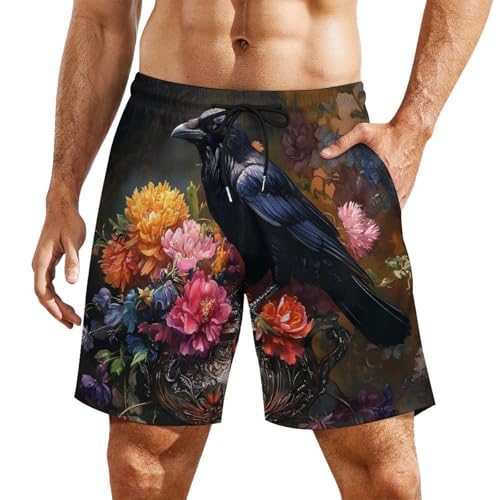 Vintage Black Raven Crow Beach Shorts for Men Swim Trunks Quick Dry Swim Shorts with Compression Liner Pocket