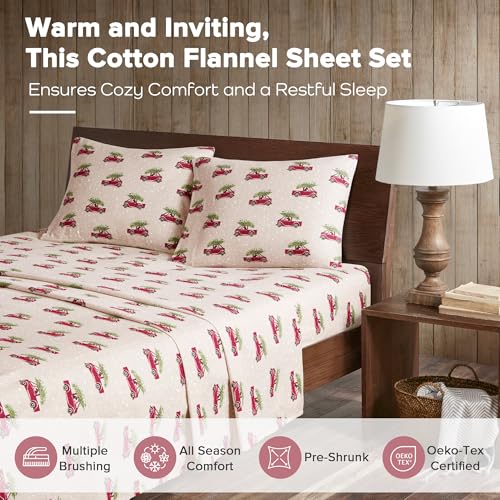 Image of Woolrich Cotton Sheet Set Cottage Charms Print, 100% Cotton Flannel Sheets Warm & Fuzzy Bedding Set King Size Sheets, Fitted Pocket Fits Up to 14 inch Mattress, King Tan Cars, 4 Piece