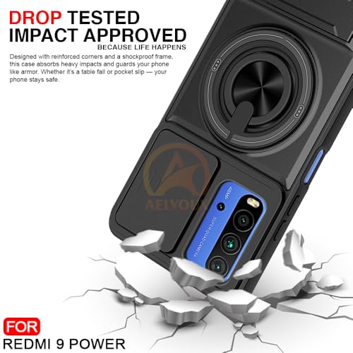 Image of Redmi 9 Power /Poco M3 Back Cover | Armor Camera Slider 360 Degree Rotating Finger Ring Holder Case with Bracket Stand Back Case Cover (Compatible with MagSafe Accessories) (Black)
