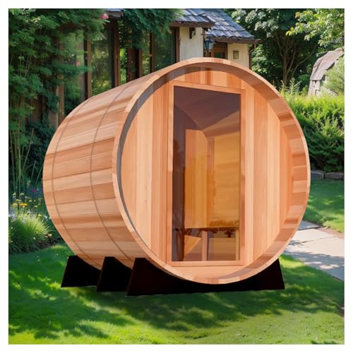 Outdoor Barrel Steam Sauna, Canadian Hemlock Sauna Room for 2 Person with 4.5KW Harvia Heater, 8mm Tempered Glass
