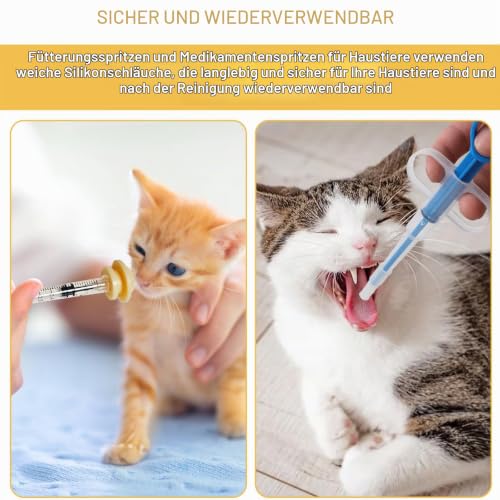 Tabletteneingeber Katze mit Haustier Fütterung Silikon Nippel Set | Umfangreiches Komplettset mit 6 Spritzen (1ml/5ml/10ml), Applikator und Aufzuchtnippeln für Welpen, Hunde und Katzen
