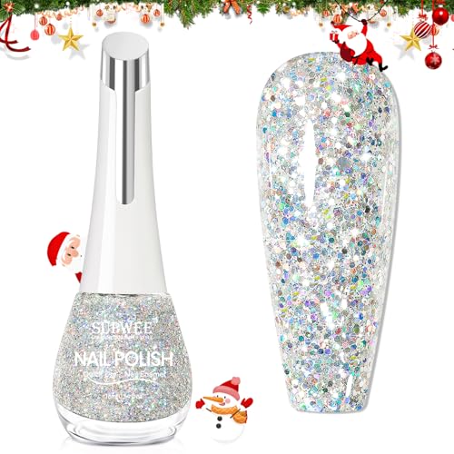 SUPWEE Christmas Nail Polish Quick Dry Silver Glitter Nail Polish Shimmer Holographic Nail Lacquer Shimmer Iridescent Fingernail Polish for Beginner Finger Toe Manicure DIY 16ml/0.54fl oz