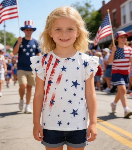 Image of Tkria Girls 4th of July Tank Tops Red White and Blue Shirt Toddler Girl American Flag Patriotic Outfit 2-7 Years