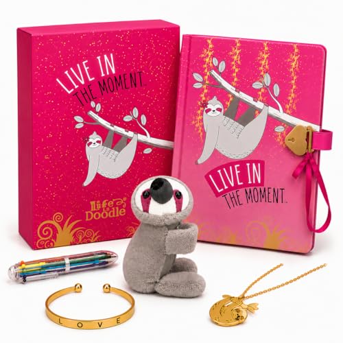 Product Image of the Life is a Doodle Diary with Lock and Key for Girls - Journal with Lock includes Secret Girls Diary for Journal Writing, Multicolored Pen, Bracelet & Stainless-Steel Sloth Necklace