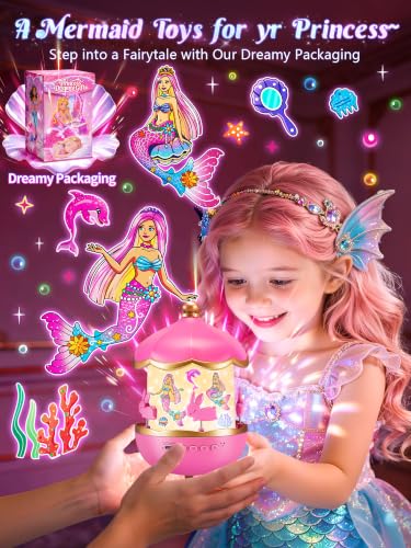 Image of Little Mermaid Toys, 15 Soothing Sounds+18 Films+378 Colors Kids Night Light Projector, 360+Remote+Cordless+Pink Mermaid Birthday Gifts for Girls, Princess Toys Princess Room Decor[Dreamy Packaging]