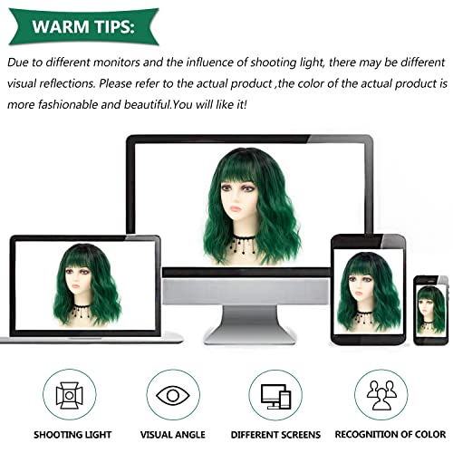 Sevencolors Green Wigs For Women Short Wavy Bob Wigs With Bangs Ombre Green Medium Length Wigs Synthetic Hair Party Cosplay Halloween Wig #TOP4
