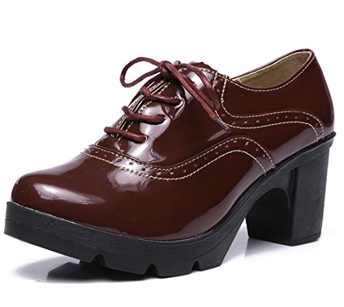 DADAWEN Women's Classic T-Strap Platform Mid-Heel Square Toe Oxfords Dress Shoes Wine Red US Size 7.5