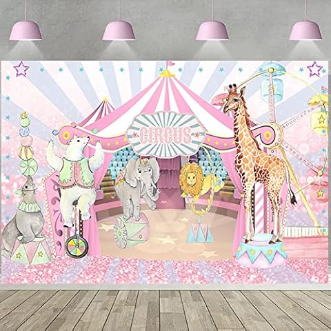 Withu Pink Circus Backdrop Big Top Tent Animals Carnival Kids Girl Birthday Party Dessert Candy Cake Table Decor Baby Shower Banner Photo Photography Background Cover