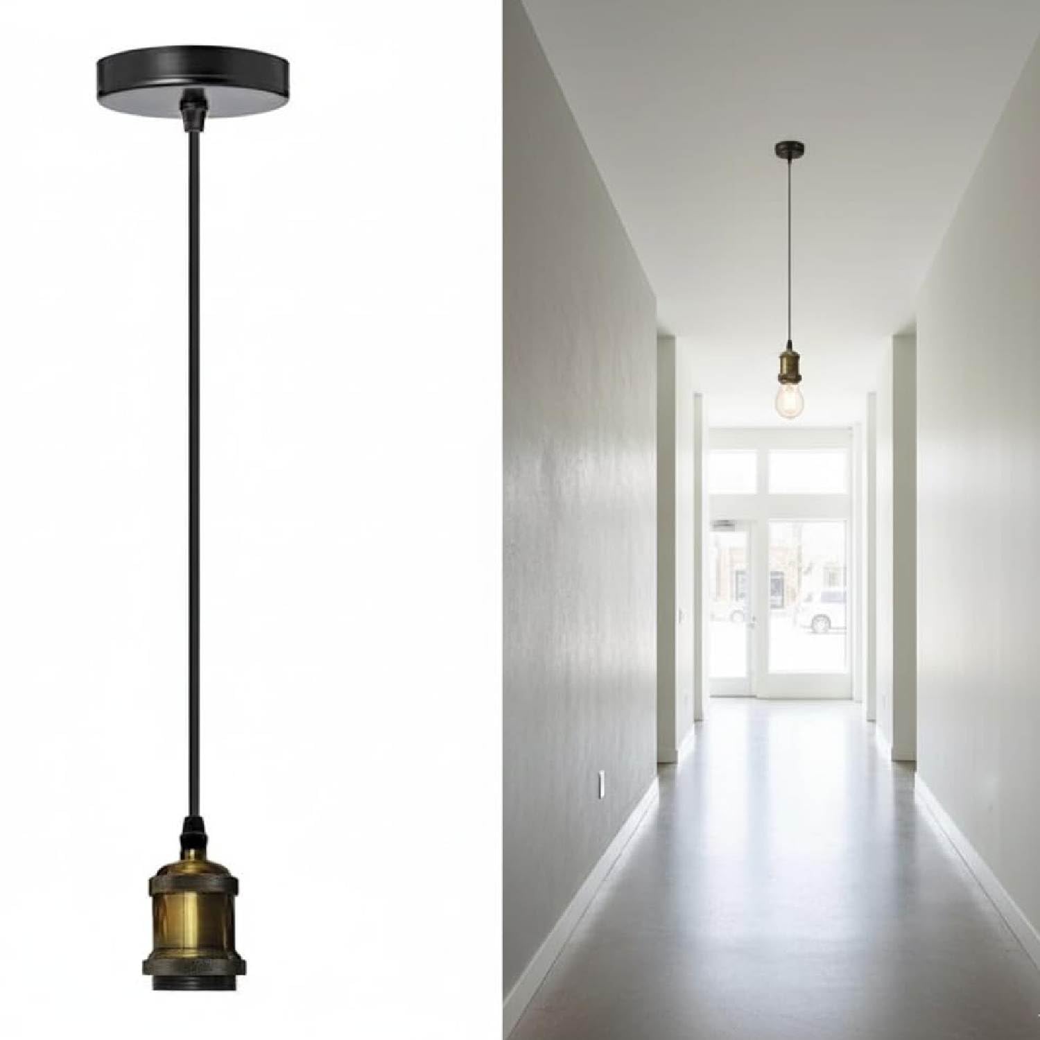 DC VOLTAGE Yellow Brass Vintage Metal Ceiling Pendant Light Fitting Black Round Braided Flex 2m Cable E27 Lamp Holder Suspended Pendant Light Fitting Kit