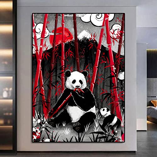 Peinture à l'huile grand format pour salon zen : bambou rouge et panda - 5