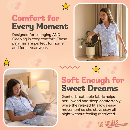 Image of US Angels Girls Pajama Set 3 Piece, Short Sleeve Button Down PJs with Shorts & Pants, Soft Sleepwear Girls & Tweens Size 5-16