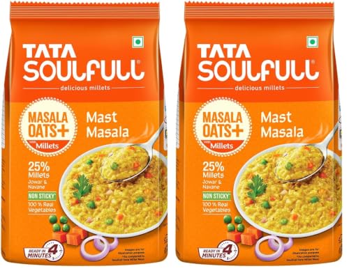 Image of Tata Soulfull Masala Oats+ With Millets, Mast Masala, 500g, Real Vegetables, 25% Millets, Non Sticky, Evening Snack, Healthy Snack (Pack of 2)