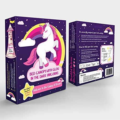 Image of Canopy for Girls Bed with Pre-Glued Glow in The Dark Unicorns - Princess Mosquito Net Room Decor - Kids & Baby Bedroom Tent with Galaxy Lights - 1 Opening Canopy Bed & Hanging Kit Included