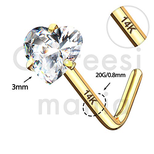 CM Crareesi Mania 14K Real Gold Nose Studs 20G Nose Rings Studs L Shaped Nose Rings for Women Men Diamond CZ Nose Piercing2