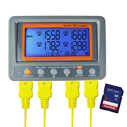 DANOPLUS Digital 4 Channels K-Type Thermocouple Thermometer with SD Card Data Logger Function, Programmable High / Low Limit Alarm, Multi Channels Temperature Sensor Temperature Recorder